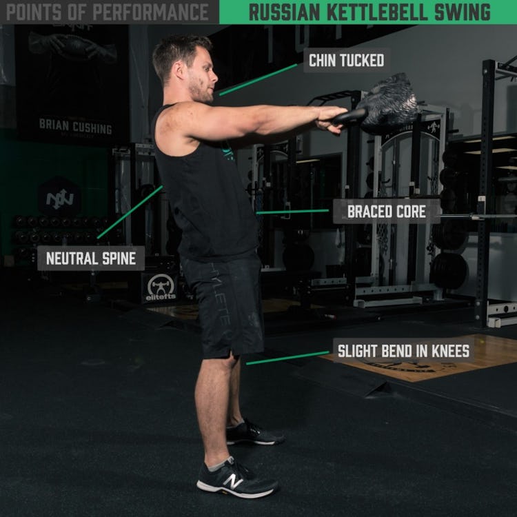 The Russian Kettlebell Swing is a great modality to teach athletes how to break at the abs, lats and glutes while using their bodies in a more efficient manner. More lat recruitment is also required at the apex of the swing in order to control the height of the swing.