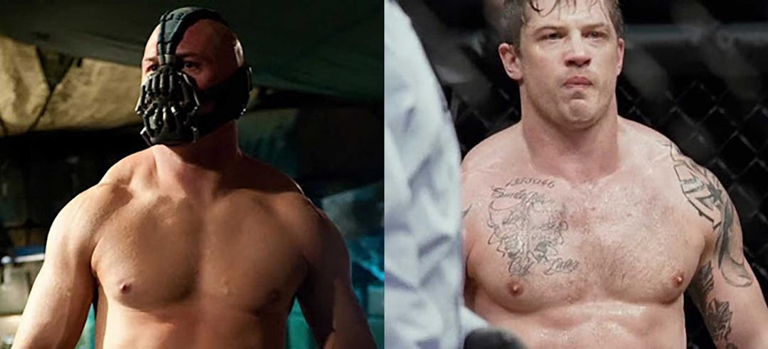 Actor Tom Hardy displays his traps as Bane and an MMA fighter.