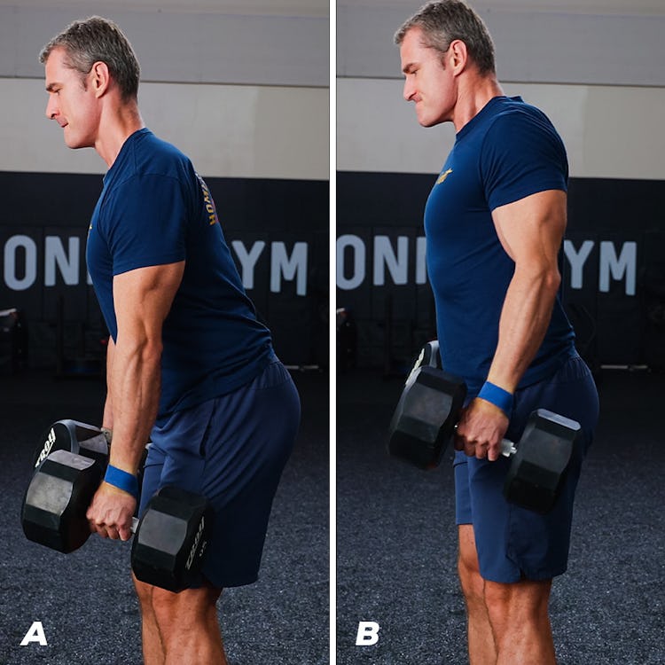 Sean Hyson demonstrates the dumbbell shrug with forward lean for the upper and middle traps.